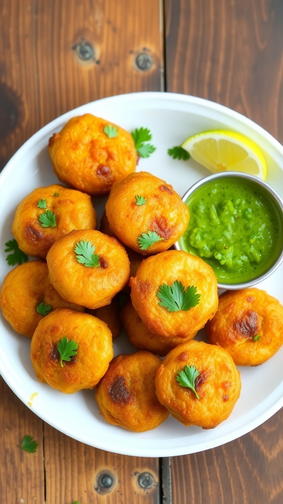 Crispy Onion Vada Recipe Crispy onion vadas served with green chutney and garnished with coriander on a rustic table.